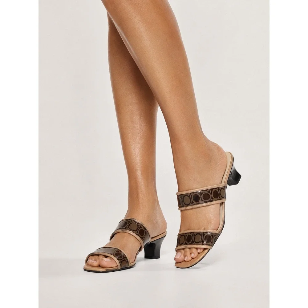Salvatore Ferragamo Gancini Logo Lucite Block Heel Slide Sandals Tan 9.5 B